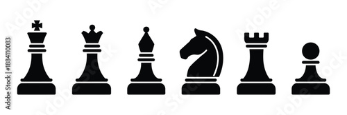 Chess Piece Icons Vector Illustration, Smart Board Game Elements, Classic Chess Silhouettes Isolated on White Background, Strategy Game Symbols for UI Design, Apps, Websites, Education, and Print