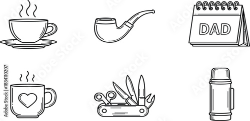 Set of lifestyle line icons featuring coffee cup, smoking pipe, Father's Day calendar, heart mug, multi-tool pocket knife, and thermos flask.