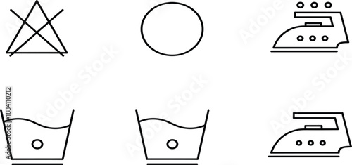 Minimalist vector icon set featuring laundry care symbols including do not bleach, dry clean, steam iron, and water wash instructions.