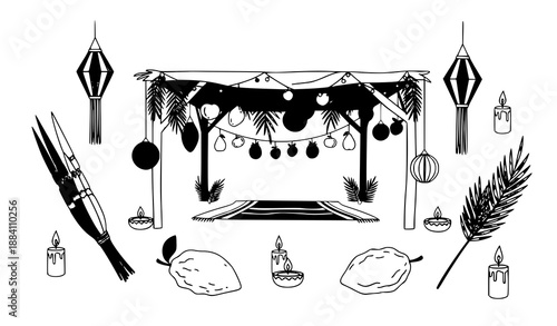 Sukkot holiday vector clipart with lulav, etrog, and decorated sukkah for festive illustrations
