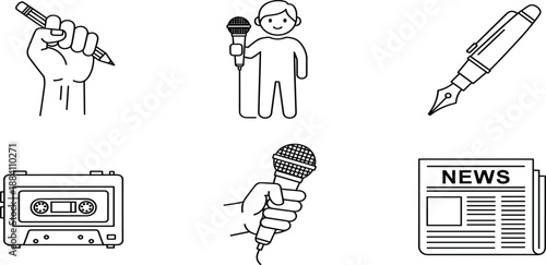 Set of journalism and broadcasting line icons featuring hand with pen, news reporter, fountain pen, cassette tape, microphone, and newspaper.