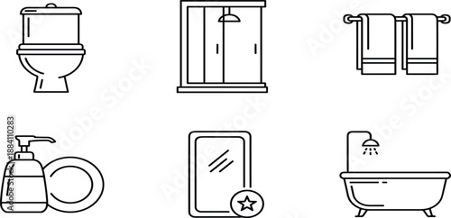 Set of bathroom and plumbing line icons featuring a toilet, shower cubicle, hanging towels, liquid soap dispenser, mirror, and bathtub.
