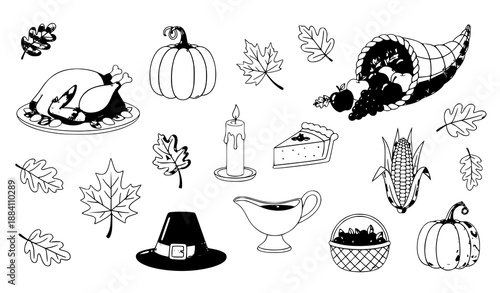 Hand-drawn Thanksgiving clipart vector set with pumpkins, turkey, cornucopia, pie, and autumn icons