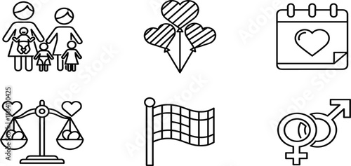 Set of social equality and family line icons including diverse parents, heart balloons, romantic calendar, love scales, pride flag, and gender.
