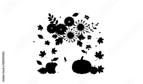 Autumn vase composition vector illustration with fall flowers, fruits, and seasonal leaves in flat style