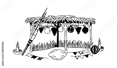 Hand-drawn Sukkot clipart vector with sukkah, lulav, and etrog isolated on white background