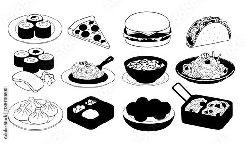 Hand-drawn vector illustration of popular international dishes with sushi, tacos, curry, and pizza