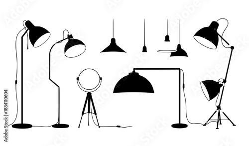 Modern loft lamp vector set with fashionable floor lamps and ceiling pendant lights in minimalist style