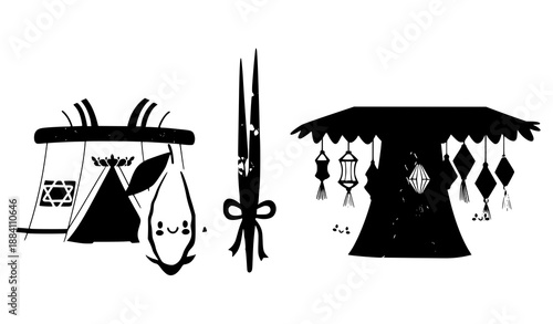 Cheerful Sukkot festival vector illustration clipart with lulav, etrog, and decorated sukkah
