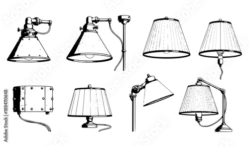 Hand-drawn modern loft lamp vector illustration set with floor and ceiling lamps in minimalist style