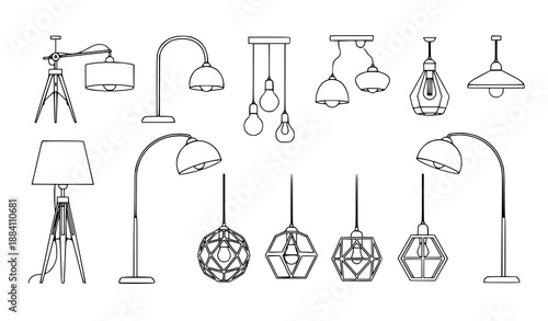 Stylish modern loft lamps vector set with floor lamps, ceiling lamps, and pendant lighting for contemporary interiors