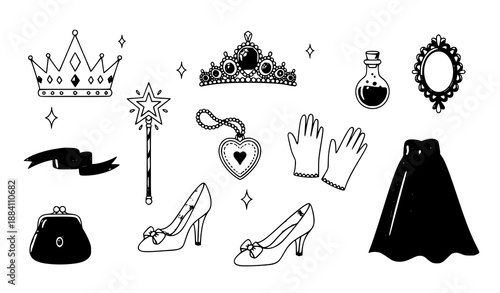Cute hand-drawn princess accessories vector clipart set with crowns, wands, tiaras, and magical items