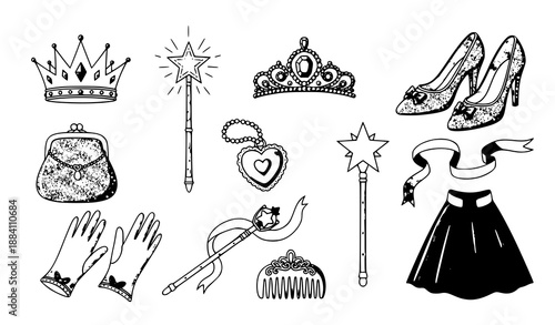 Princess decoration accessories vector set clipart with crowns, wands, tiaras, and magical items for kids illustrations