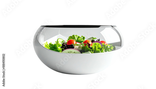 A modern bowl holds a vibrant salad, lit against a black background