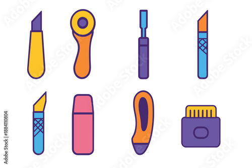 Collection of crafting tools and stationery in flat craft supplies cutting tools