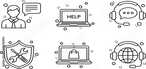Set of customer support line icons including professional assistant, help message bubble, headphones, technical shield, secure laptop, and global service.