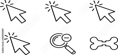 Minimalist vector icon set featuring computer mouse cursor arrows, a zoom out magnifying glass, and a dog bone line illustration.
