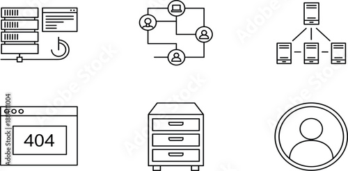 Vector icon set for interface design featuring server management, user network, hierarchy structure, 404 error page, file cabinet, and profile avatar,