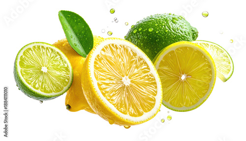 Fresh citrus fruits, sliced and whole, with leaves and droplets
