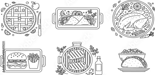 Vector line art icon set featuring apple pie, roast chicken, grilled steak, hamburger with fries, tacos, and gourmet wraps, food,