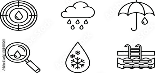 Vector collection of line icons featuring water drops, rain clouds, waterproof umbrella, magnifying glass, frozen liquid, and swimming pool safety symbols
