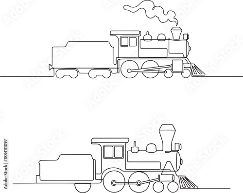 Two vintage steam locomotives side by side illustration in single line drawn style