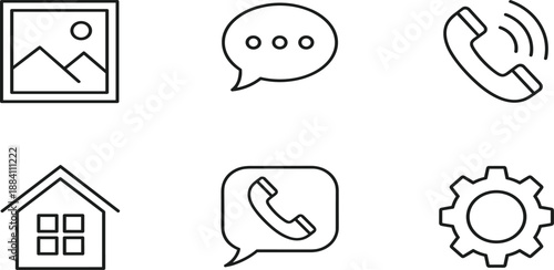 Set of six black and white vector line icons featuring mountain landscape, speech bubble, telephone handset, house, call notification, and gear.