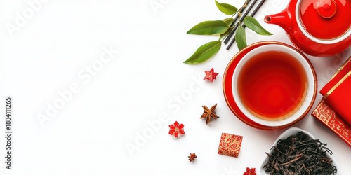  serene composition featuring a teapot, a cup of tea, decorative elements, and tea leaves, evoking a calming tea-drinking experience.