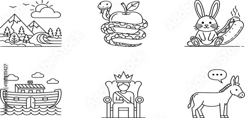 Set of six black and white vector line icons featuring nature landscape, biblical snake, rabbit, Noah's ark, king, and donkey.
