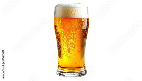 Tall glass brimming with golden, bubbly brew topped with fluffy white foam