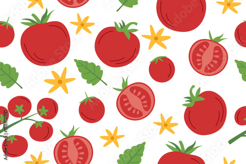 Tomato vegetable seamless pattern. Nature background of tomatos isolated on white. Gardening, farming and food concept. Vector flat banner.