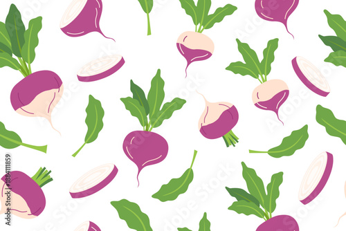 Rutabaga vegetable seamless pattern. Nature background of rutabaga isolated on white. Gardening, farming and food concept. Vector flat banner.