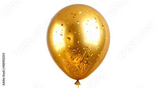 A shiny gold balloon, reflecting light with confetti specks on a black background