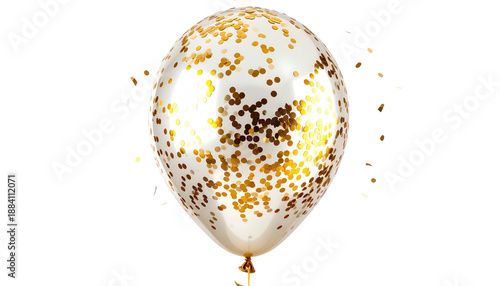 Transparent balloon filled with golden confetti against a stark black background