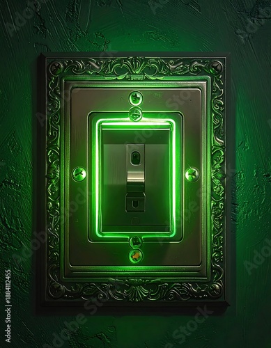 Ornate framed light switch casts a green neon glow against a textured, dark green painted wall