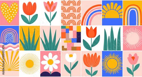 Cheerful Spring Floral Grid with Tulips, Rainbows, Suns for Social Media, Web Design, Marketing