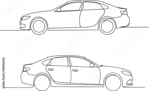 Side view car sketches in two angles single line drawn style