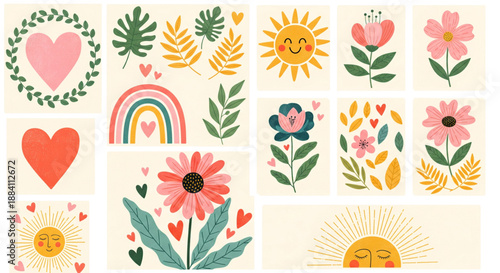 Cute Boho Vector Collection: Happy Sun, Flowers, Hearts, Rainbows, Leaves. Kids Nursery, Social Media, Spring Design.