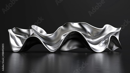 A sleek, metallic sculpture with flowing, wave-like contours displayed against a dark background.