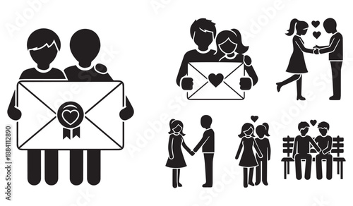a collection of black silhouette icons depicting various romantic scenarios including couples holding hands exchanging letters and embracing lovingly high quality