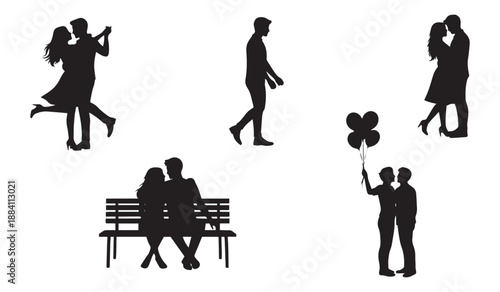 a collection of black silhouette images depicting couples engaged in romantic activities such as dancing walking and sitting together in love