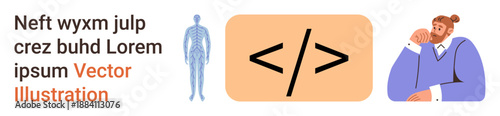 Healthcare, software development, digital innovation, anatomy education, programming, problem-solving. Human anatomy figure, coding symbol thoughtful man. Healthcare and software development