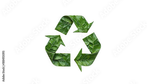 Environmentally friendly recycling symbol crafted from vivid green leaves representing nature's commitment to sustainability on transparent background