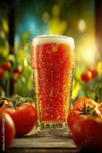 Glass beer glass filled with red tomato beer, fresh juicy tomatoes lying next to it, natural blurred background.