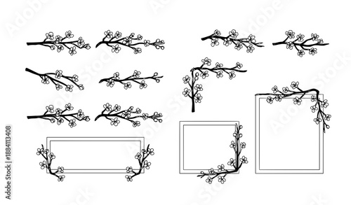 Minimal flat vector set of cherry blossom twig frames and borders botanical design