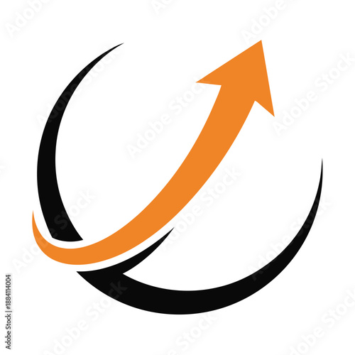 Orange arrow curved around black crescent shape graphic element symbol icon