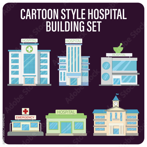 Modern Hospital Building Vector Set, 2D Medical Architecture Illustration, Healthcare Facility Design Pack, Urban Clinic and Emergency Center Infographics Elements, Vector Design for Medical Projects.