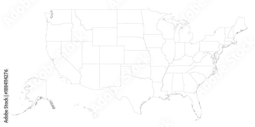 A detailed outline of the United States map. It includes all states from coast to coast, including Hawaii and Alaska. Areas are clearly defined without additional features.