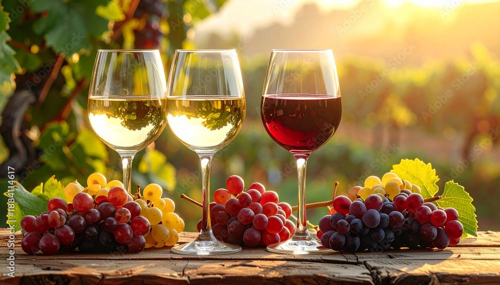 Fototapeta premium Wine Tasting in Vineyard at Sunset featuring Crystal Glasses and Fresh Grapes on Wood Table for Relaxing Holiday.