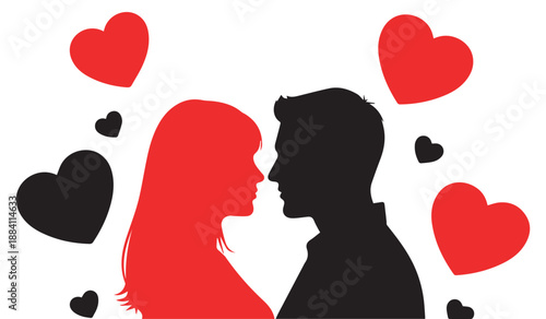 a silhouetted couple facing each other surrounded by a scattering of vibrant red and black heart shapes depicting romance high quality